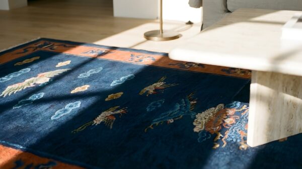 Antique blue early 20th century chinese cranes cloud bands temple design peking hallway runner rug 8 Antique blue early 20th century chinese cranes cloud bands temple design peking hallway runner rug (sku 23479) - in-room detail