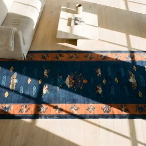 Antique Blue Early 20th Century Chinese Cranes Cloud Bands Temple Design Peking Hallway Runner Rug (SKU 23479) - styled overhead view