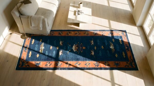 Antique blue early 20th century chinese cranes cloud bands temple design peking hallway runner rug 2 Antique blue early 20th century chinese cranes cloud bands temple design peking hallway runner rug (sku 23479) - styled overhead view