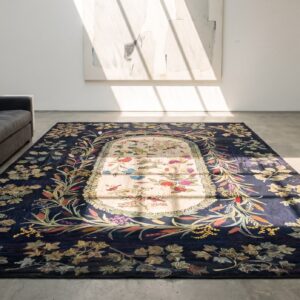 Blue Early 20th Century Antique Room Size Floral Inlay Pattern American Folk Art Hooked Rug (SKU 20311) - room view