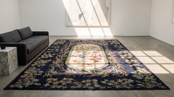 Blue early 20th century antique room size floral inlay pattern american folk art hooked rug (sku 20311) - room view