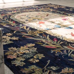 Blue Early 20th Century Antique Room Size Floral Inlay Pattern American Folk Art Hooked Rug (SKU 20311) - in-room detail