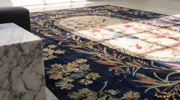Blue early 20th century antique room size floral inlay pattern american folk art hooked rug (sku 20311) - in-room detail