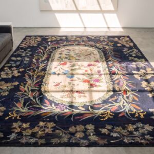 Blue Early 20th Century Antique Room Size Floral Inlay Pattern American Folk Art Hooked Rug (SKU 20311) - styled overhead view