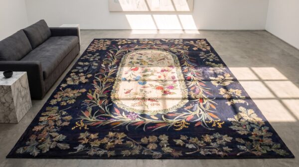 Blue early 20th century antique room size floral inlay pattern american folk art hooked rug (sku 20311) - styled overhead view