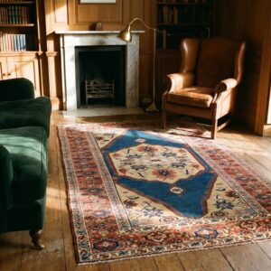Blue Field Cream Color Tribal Geometric Medallion Small Antique Persian Sultanabad Rug (SKU 18729) - room view
