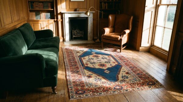 Blue field cream color tribal geometric medallion small antique persian sultanabad rug 10 Blue field cream color tribal geometric medallion small antique persian sultanabad rug (sku 18729) - room view