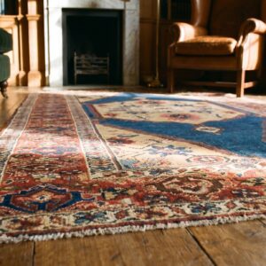 Blue Field Cream Color Tribal Geometric Medallion Small Antique Persian Sultanabad Rug (SKU 18729) - in-room detail