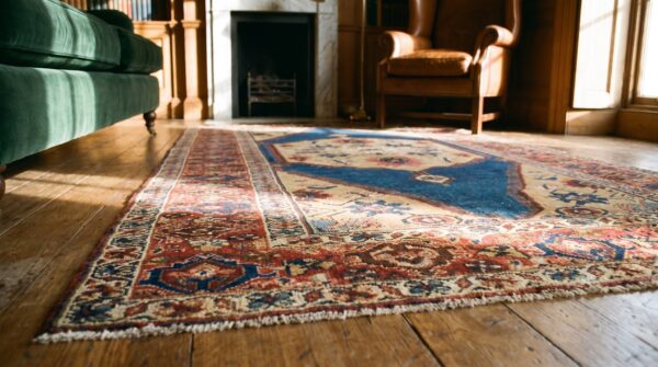 Blue field cream color tribal geometric medallion small antique persian sultanabad rug 11 Blue field cream color tribal geometric medallion small antique persian sultanabad rug (sku 18729) - in-room detail