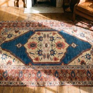 Blue Field Cream Color Tribal Geometric Medallion Small Antique Persian Sultanabad Rug (SKU 18729) - styled overhead view