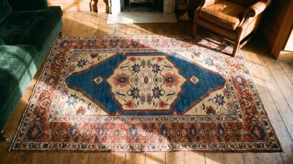 Blue field cream color tribal geometric medallion small antique persian sultanabad rug 2 Blue field cream color tribal geometric medallion small antique persian sultanabad rug (sku 18729) - styled overhead view
