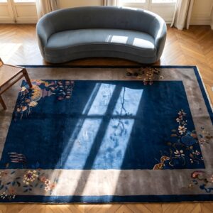 Antique Blue Field Gray Border Classic Chinese Art Deco Design Rug (SKU 23198) - styled overhead view