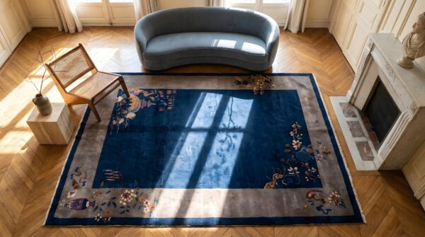 Antique blue field gray border classic chinese art deco design rug 2 Antique blue field gray border classic chinese art deco design rug (sku 23198) - styled overhead view