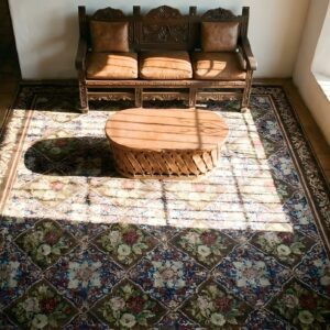 Antique Wool Blue Flat Weave Rug (SKU 25316) - styled overhead view