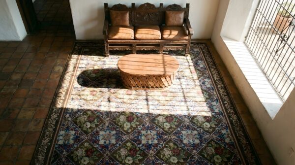 Antique wool blue flat weave rug 2 Antique wool blue flat weave rug (sku 25316) - styled overhead view