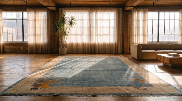Hand knotted pile blue floral 1920s large rectangle antique wool rug (sku 22064) - room view