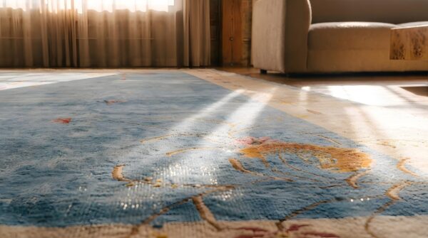 Hand knotted pile blue floral 1920s large rectangle antique wool rug (sku 22064) - in-room detail