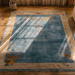 Hand Knotted Pile Blue Floral 1920s Large Rectangle Antique Wool Rug (SKU 22064) - styled overhead view