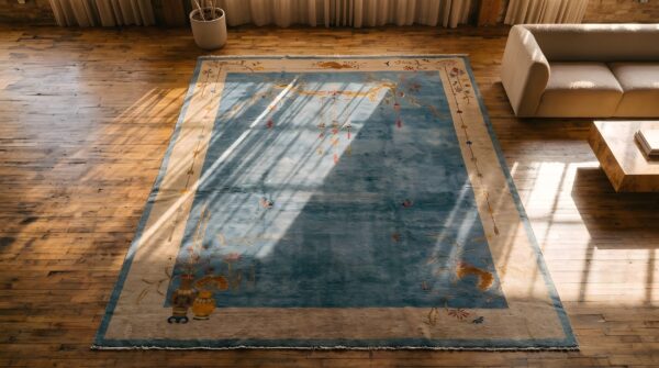Hand knotted pile blue floral 1920s large rectangle antique wool rug (sku 22064) - styled overhead view