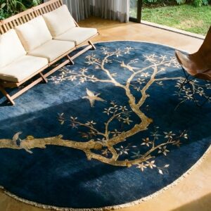 Blue Floral Antique Chinese Peking Oval Room Size Area Rug (SKU 25408) - styled overhead view