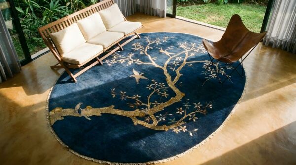 Blue floral antique chinese peking oval room size area rug 2 Blue floral antique chinese peking oval room size area rug (sku 25408) - styled overhead view