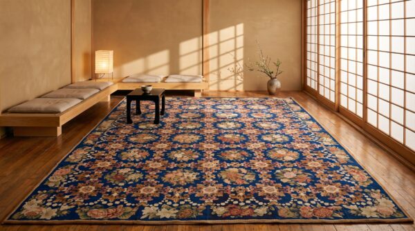 Blue floral fleur de lis design early 19th century antique oversized english needlepoint carpet 8 Blue floral fleur de lis design early 19th century antique oversized english needlepoint carpet (sku 20404) - room view