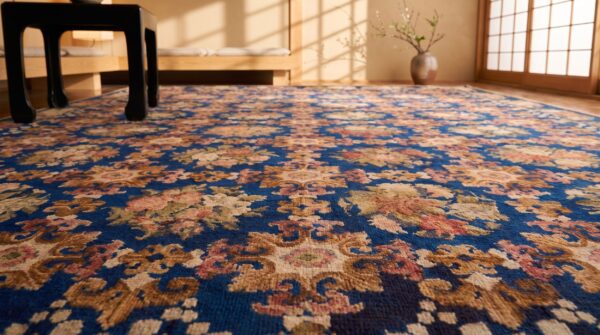 Blue floral fleur de lis design early 19th century antique oversized english needlepoint carpet 9 Blue floral fleur de lis design early 19th century antique oversized english needlepoint carpet (sku 20404) - in-room detail