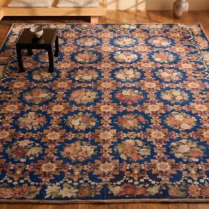 Blue Floral Fleur De Lis Design Early 19th Century Antique Oversized English Needlepoint Carpet (SKU 20404) - styled overhead view