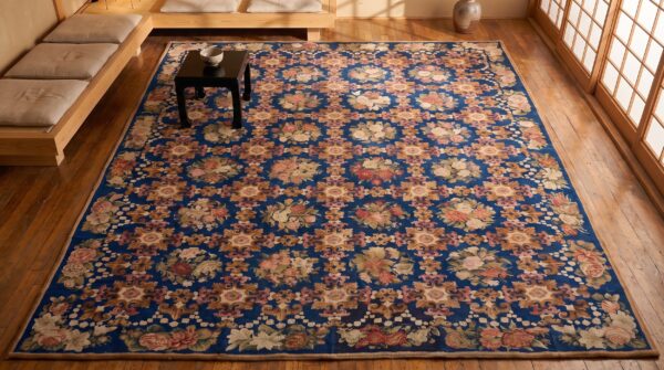 Blue floral fleur de lis design early 19th century antique oversized english needlepoint carpet 2 Blue floral fleur de lis design early 19th century antique oversized english needlepoint carpet (sku 20404) - styled overhead view