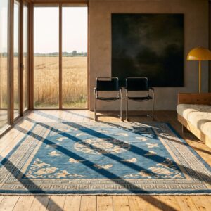 Blue Floral Medallion Hand Knotted Pile Rectangle Wool Antique 1920s Rug (SKU 23125) - room view