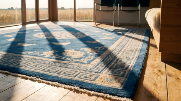 Blue floral medallion hand knotted pile rectangle wool antique 1920s rug 10 Blue floral medallion hand knotted pile rectangle wool antique 1920s rug (sku 23125) - in-room detail