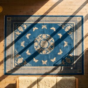 Blue Floral Medallion Hand Knotted Pile Rectangle Wool Antique 1920s Rug (SKU 23125) - styled overhead view