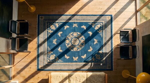 Blue floral medallion hand knotted pile rectangle wool antique 1920s rug 2 Blue floral medallion hand knotted pile rectangle wool antique 1920s rug (sku 23125) - styled overhead view