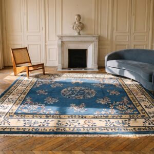 Antique Blue Floral Medallion Hand-Knotted Square Chinese Peking Rug (SKU 23123) - room view