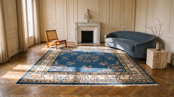 Antique blue floral medallion hand-knotted square chinese peking rug 7 Antique blue floral medallion hand-knotted square chinese peking rug (sku 23123) - room view
