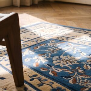 Antique Blue Floral Medallion Hand-Knotted Square Chinese Peking Rug (SKU 23123) - in-room detail