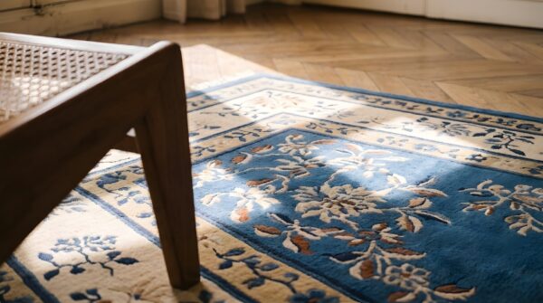 Antique blue floral medallion hand-knotted square chinese peking rug 8 Antique blue floral medallion hand-knotted square chinese peking rug (sku 23123) - in-room detail