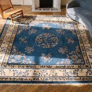 Antique Blue Floral Medallion Hand-Knotted Square Chinese Peking Rug (SKU 23123) - styled overhead view