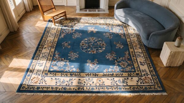 Antique blue floral medallion hand-knotted square chinese peking rug 2 Antique blue floral medallion hand-knotted square chinese peking rug (sku 23123) - styled overhead view
