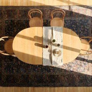 Blue Floral Pattern Paisley Border Antique Persian Mid 19th Century Khorassan Rug (SKU 24249) - styled overhead view