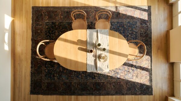 Blue floral pattern paisley border antique persian mid 19th century khorassan rug 2 Blue floral pattern paisley border antique persian mid 19th century khorassan rug (sku 24249) - styled overhead view