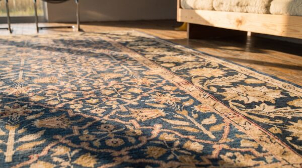 Blue floral trellis lattice design antique room size indian agra carpet 7 Blue floral trellis lattice design antique room size indian agra carpet (sku 20284) - in-room detail