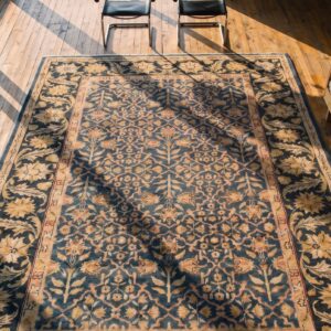 Blue Floral Trellis Lattice Design Antique Room Size Indian Agra Carpet (SKU 20284) - styled overhead view