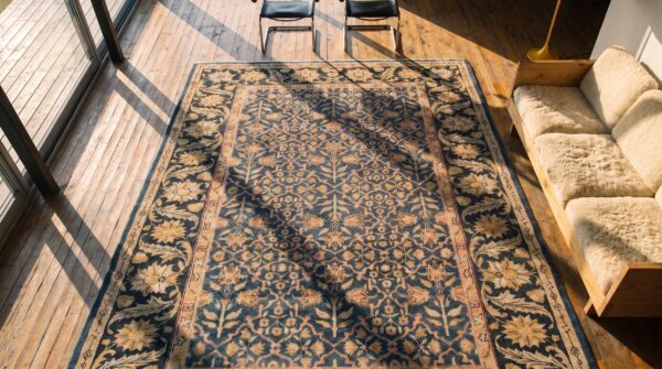 Blue floral trellis lattice design antique room size indian agra carpet 2 Blue floral trellis lattice design antique room size indian agra carpet (sku 20284) - styled overhead view