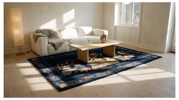 Blue flowers vase pattern antique blue color baotou chinese wool rug (sku 24650) - room view