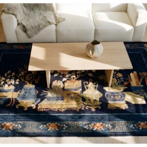 Blue Flowers Vase Pattern Antique Blue Color Baotou Chinese Wool Rug (SKU 24650) - styled overhead view