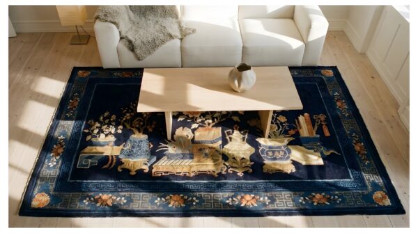 Blue flowers vase pattern antique blue color baotou chinese wool rug (sku 24650) - styled overhead view