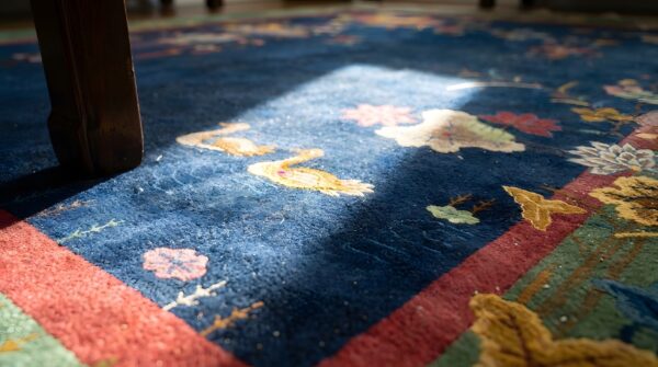 Blue , green , red knotted blue antique wool chinese - art deco 1920s room size rectangle rug 10 Blue , green , red knotted blue antique wool chinese - art deco 1920s room size rectangle rug (sku 24218) - in-room detail