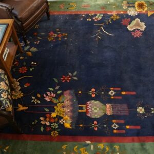 Blue , Green , Red Knotted Blue Antique Wool Chinese - Art Deco 1920s Room Size Rectangle Rug (SKU 24218) - styled overhead view