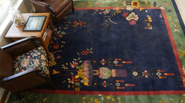 Blue , green , red knotted blue antique wool chinese - art deco 1920s room size rectangle rug 2 Blue , green , red knotted blue antique wool chinese - art deco 1920s room size rectangle rug (sku 24218) - styled overhead view
